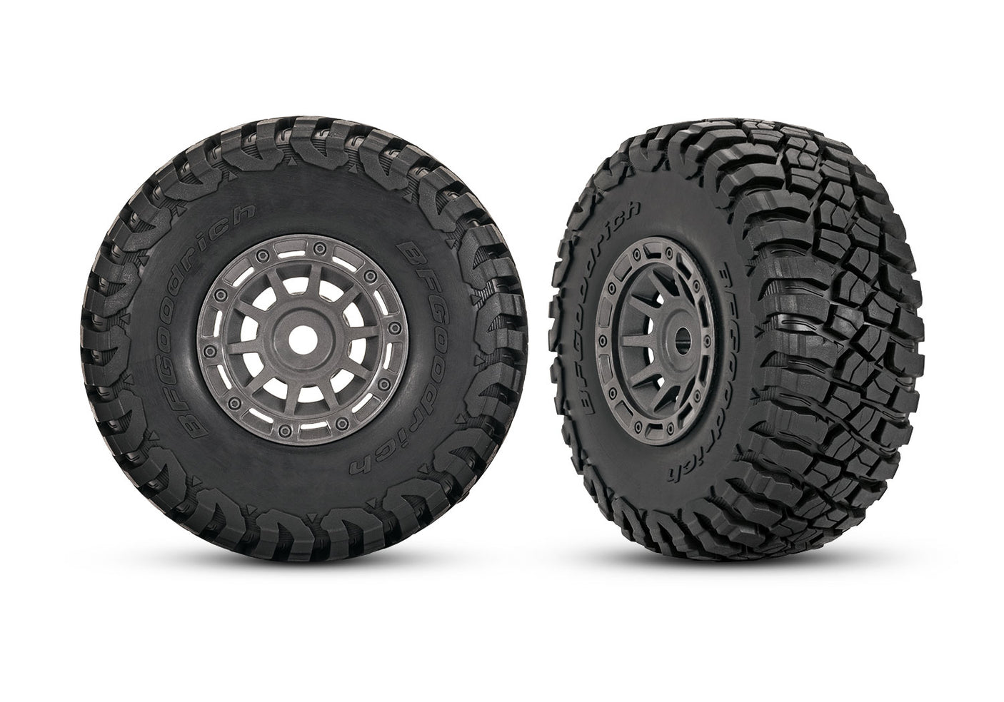 Pair of Traxxas 1.4-inch gray wheels with BFG mud-terrain tires for RC trucks, shown in the image.