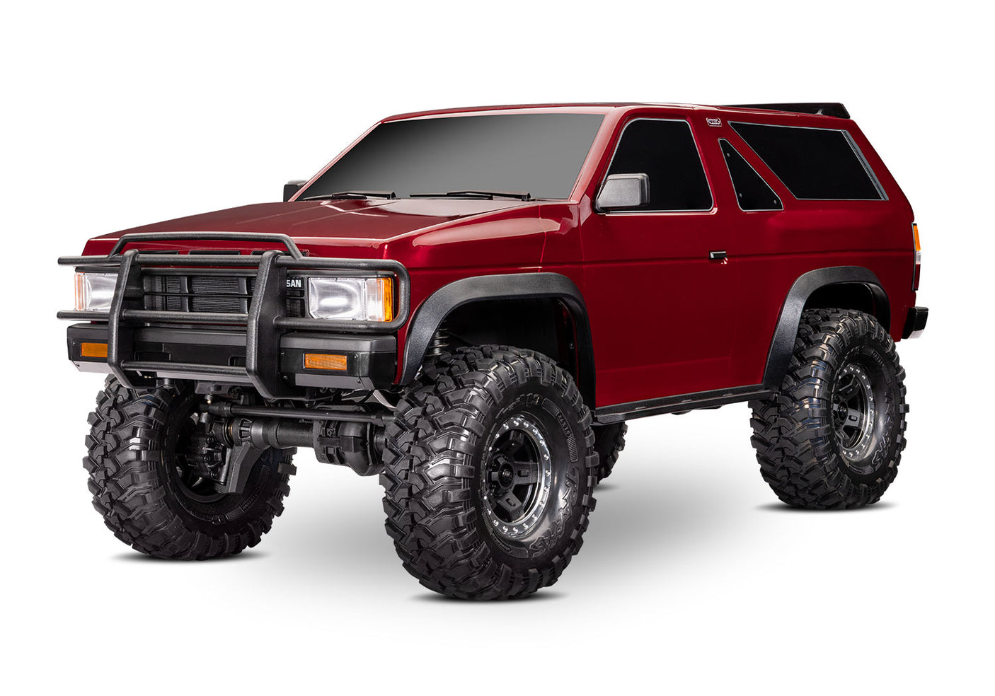 Red Traxxas TRX-4 Nissan Pathfinder radio-controlled scale off-road vehicle shown from a three-quarter front driver side angle.