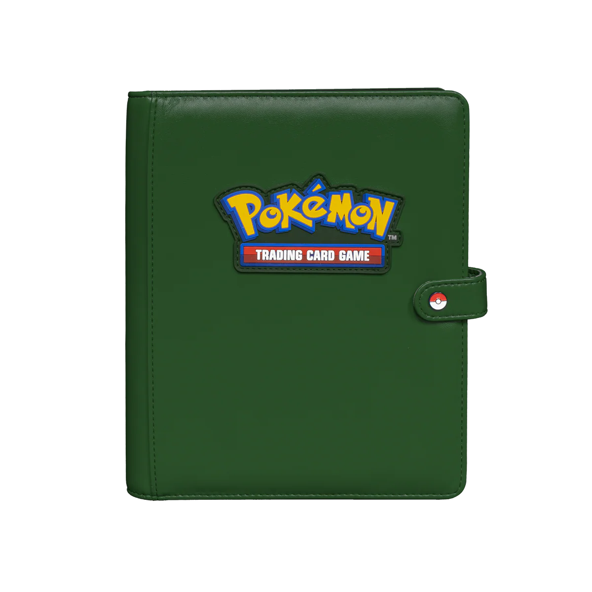 Ultra Pro premium green Pokémon 4-pocket snap binder with front view showing clear pockets and sturdy design for trading cards.