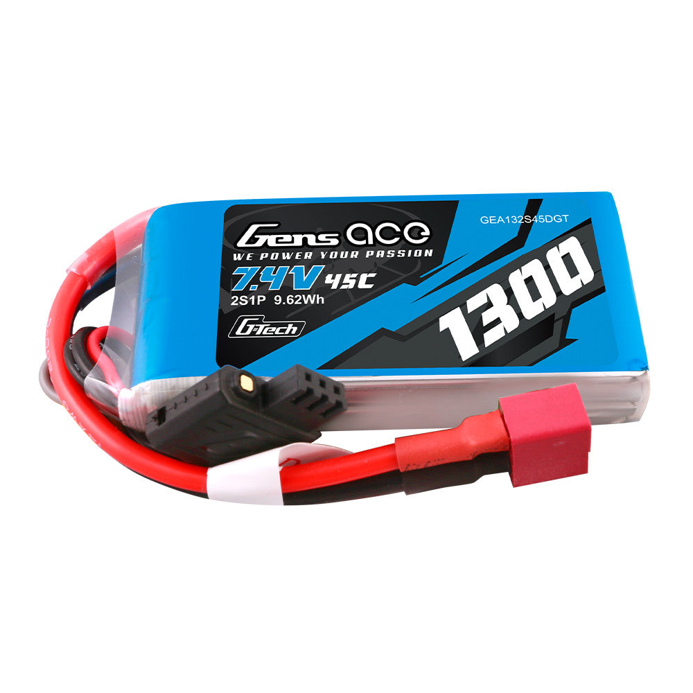 Gens Ace 1300mAh 2S 7.4V 45C G-tech LiPo battery with Deans plug for RC models.