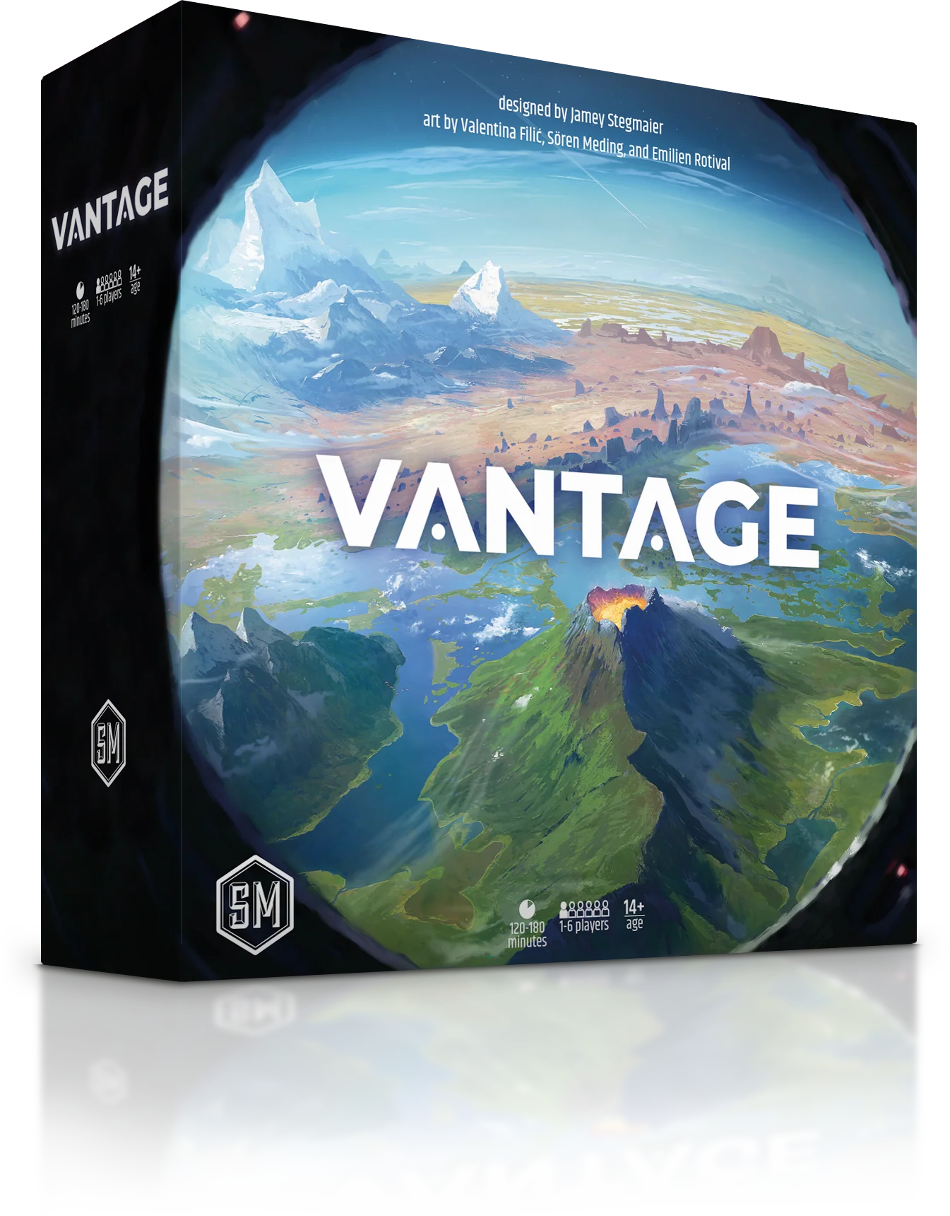 3D image of Vantage game by Stonemaier Games, featuring colorful game pieces and a modern tabletop setup.
