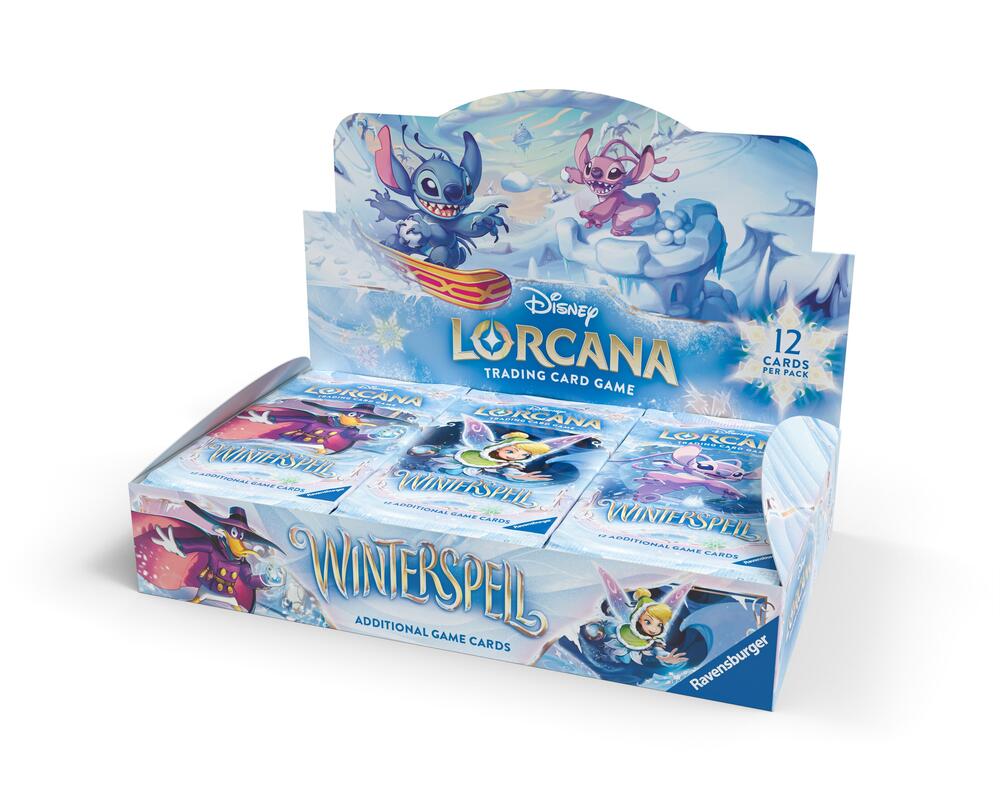 Lorcana TCG Winterspell Booster Box with colorful packaging and artwork, featuring collectible trading card game cards.