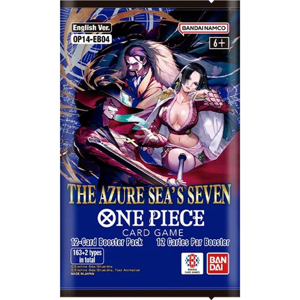 Bandai One Piece TCG The Azure Sea's Seven booster pack with colorful cards featuring characters from the One Piece series.