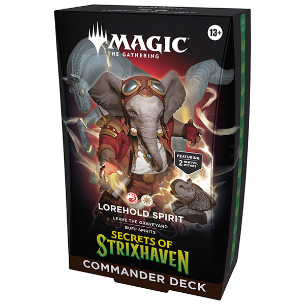 MTG Secrets of Strixhaven Commander Deck card images from Wizards of the Coast featuring colorful fantasy artwork and game components.