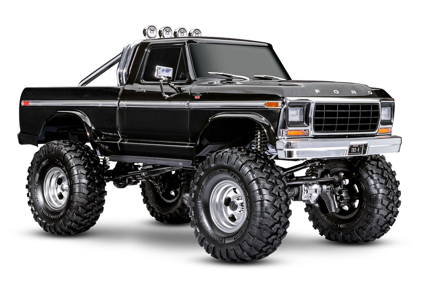 Traxxas TRX-4 Ford F-150 High Trail Edition RC truck front three-quarter view showing black body and detailed design