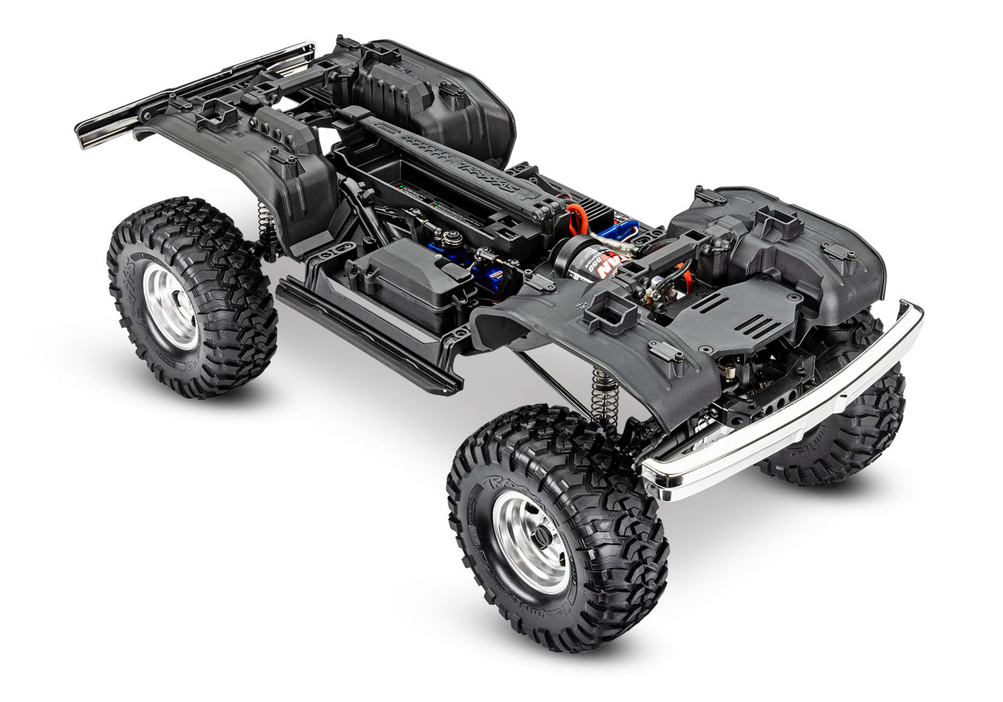 Traxxas TRX-4 Ford F-150 High Trail Edition RC truck chassis shown from a front three-quarter view.