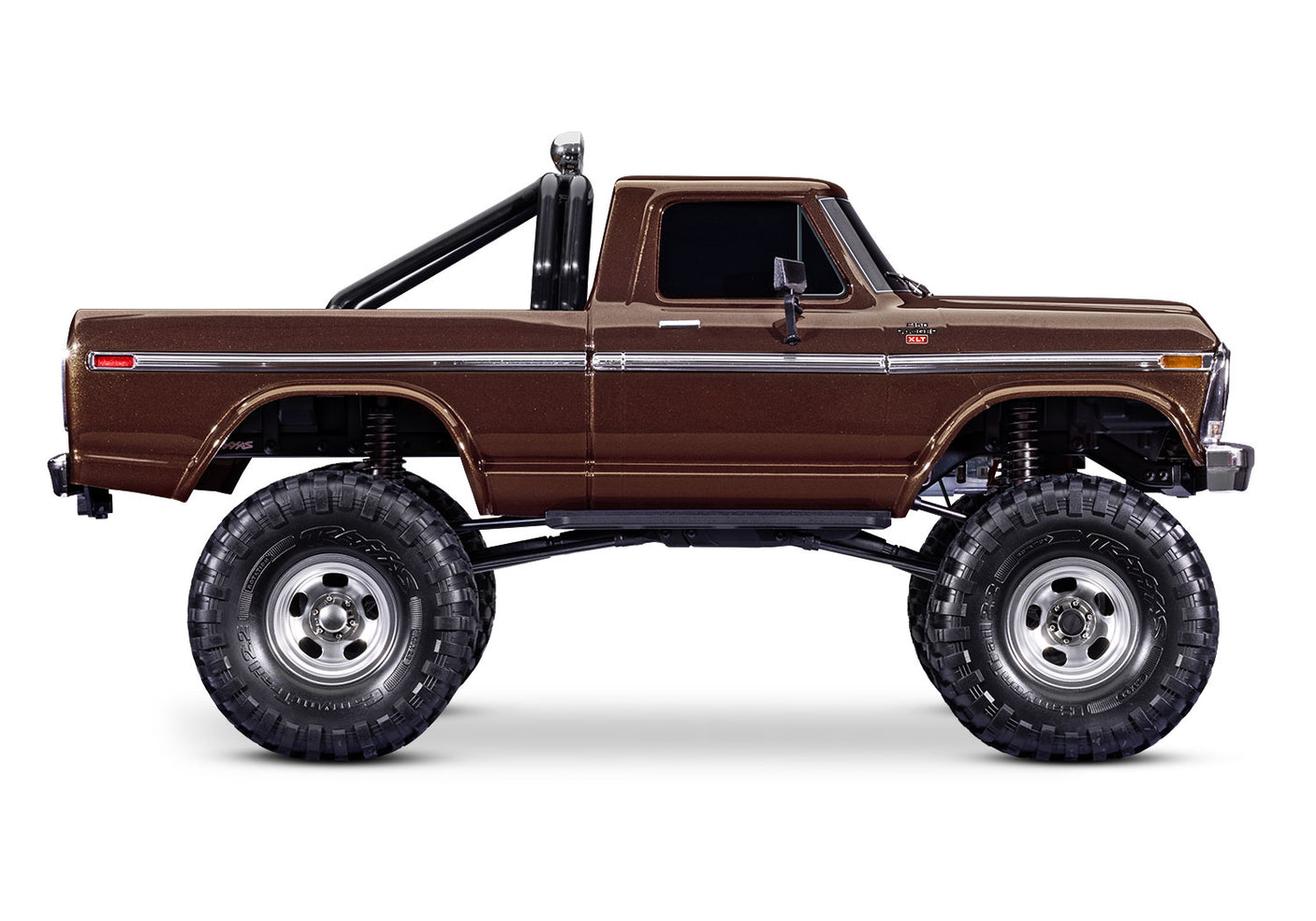 Traxxas TRX-4 Ford F-150 High Trail Edition remote control truck, side view showing detailed brown exterior and rugged design.