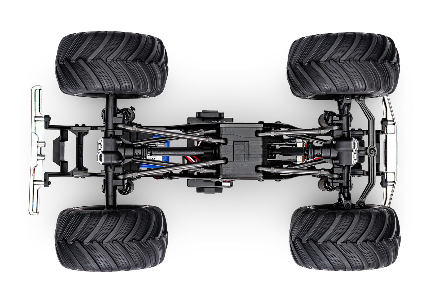 Traxxas TRX-4MT Ford F-150 RC monster truck chassis bottom view showing detailed suspension and drivetrain components.