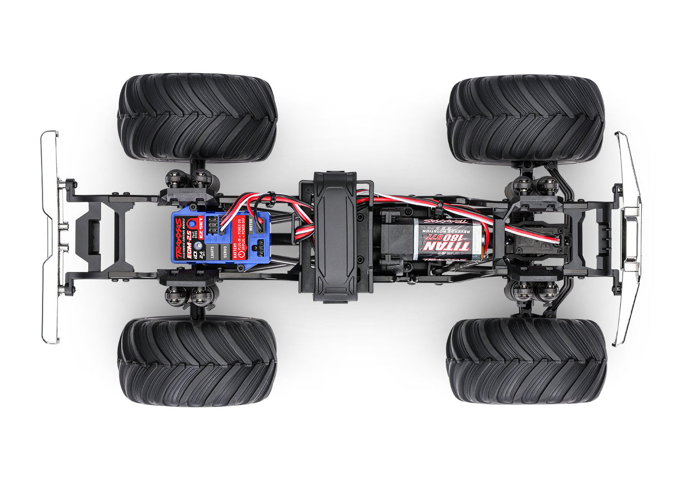 Overhead view of Traxxas TRX-4MT Ford F-150 RC monster truck chassis showing detailed build and rugged design.