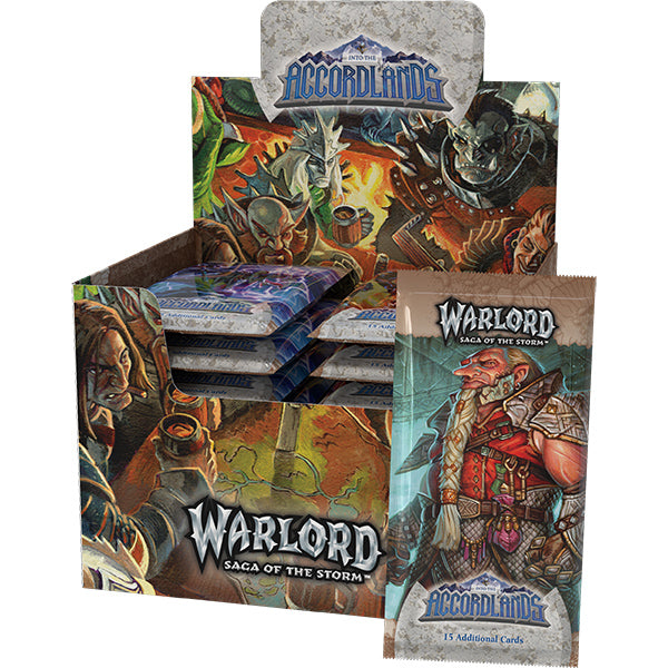 Kingswood Games Warlord CCG Saga of the Storm Into the Accordlands booster box with colorful card packaging and artwork.