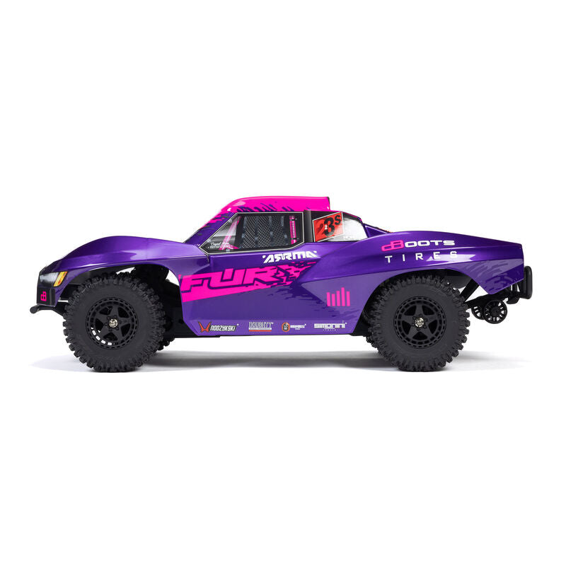ARRMA 1/10 scale Fury 223S DSC 2WD RTR brushless short course truck, showing its sleek design and off-road tires.