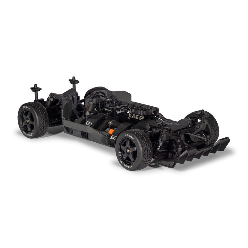 ARRMA 1/8 Infraction 223S RC car with sleek blue and black body, detailed aerodynamic design, and off-road tires.