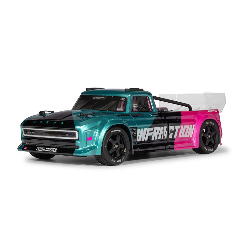 ARRMA 1/8 Infraction 223S RC car with detailed body and large off-road tires, showcasing the high-performance off-road vehicle.