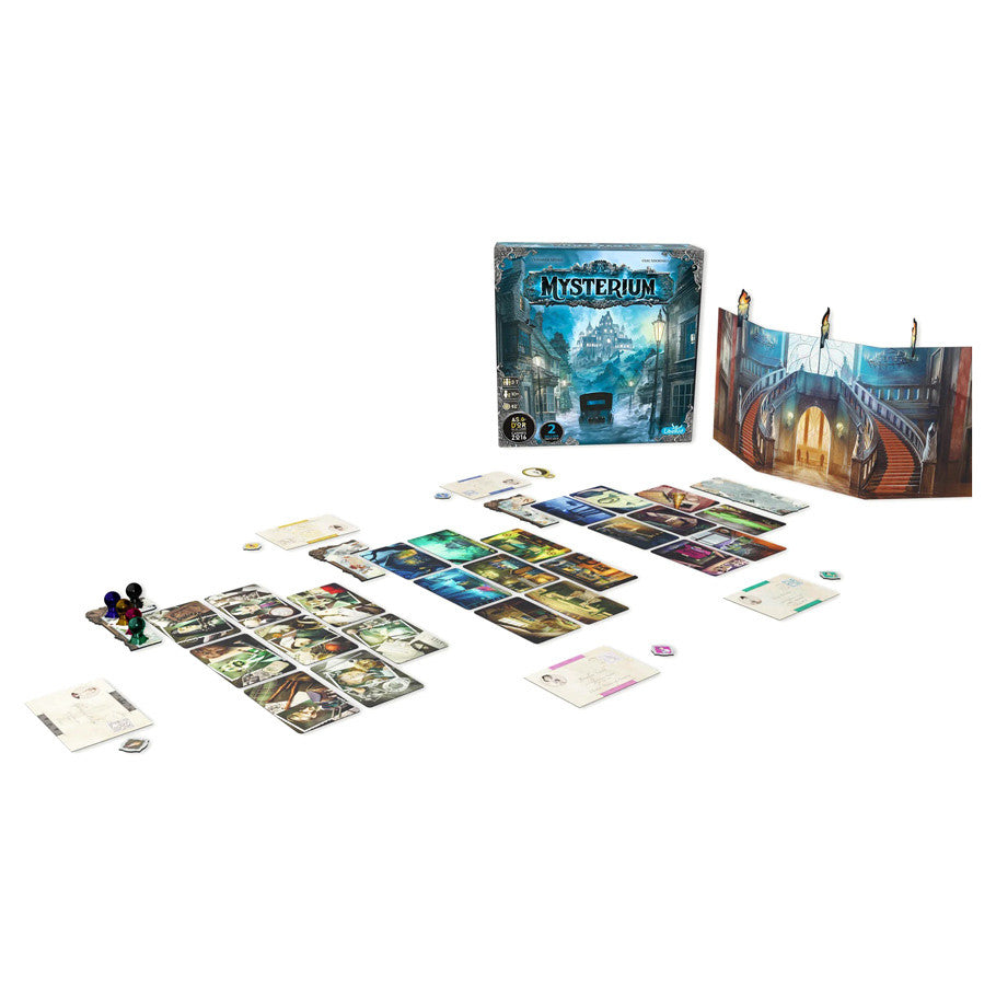 Mysterium board game box featuring artwork, colorful illustrations, and game components for Asmodee's mystery deduction game.