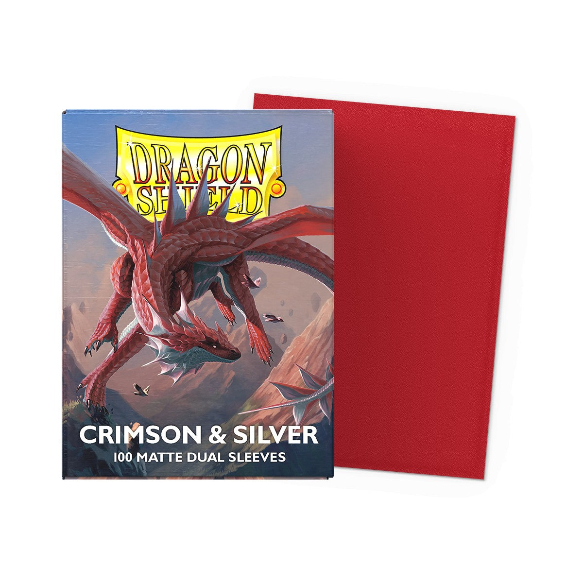 Dragon Shield Crimson and Silver dual matte standard card sleeves, designed for protecting collectible game cards.