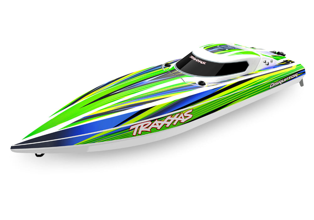 Traxxas Disruptor 26-inch 4S VXL green RC boat on water, showcasing speedboat with sleek design and vibrant green color.