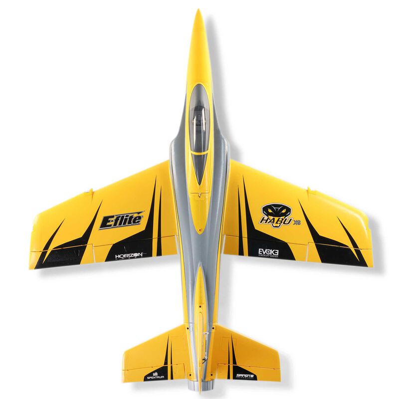 E-Flite Habu XS 80mm EDF BNF Basic model airplane with sleek design and detailed features in flight.