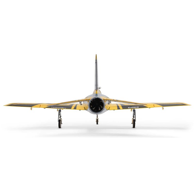 E-Flite Habu XS 80mm EDF model airplane in flight, showcasing sleek design and detailed features against a clear sky.