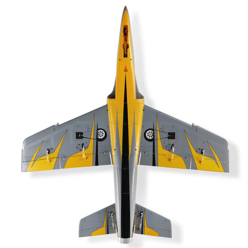 E-Flite Habu XS 80mm EDF BNF Basic model airplane with sleek design and detailed features, ready for flight.