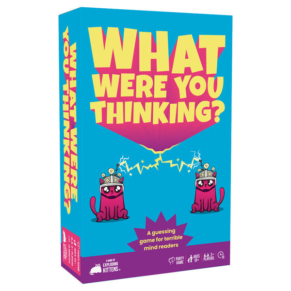 Exploding Kittens "What Were You Thinking?" card game box with colorful artwork and playful design for family fun.