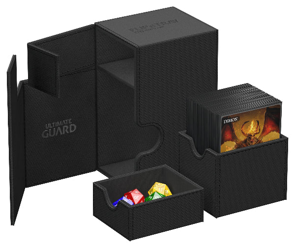 Black Ultimate Guard Flip'n'Tray 80+ Xenoskin card storage and organization tray with a textured Xenoskin finish.