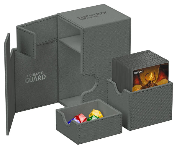 Ultimate Guard Flip'n'Tray 80+ Xenoskin card storage tray with grey Xenoskin cover, designed for organizing trading cards.
