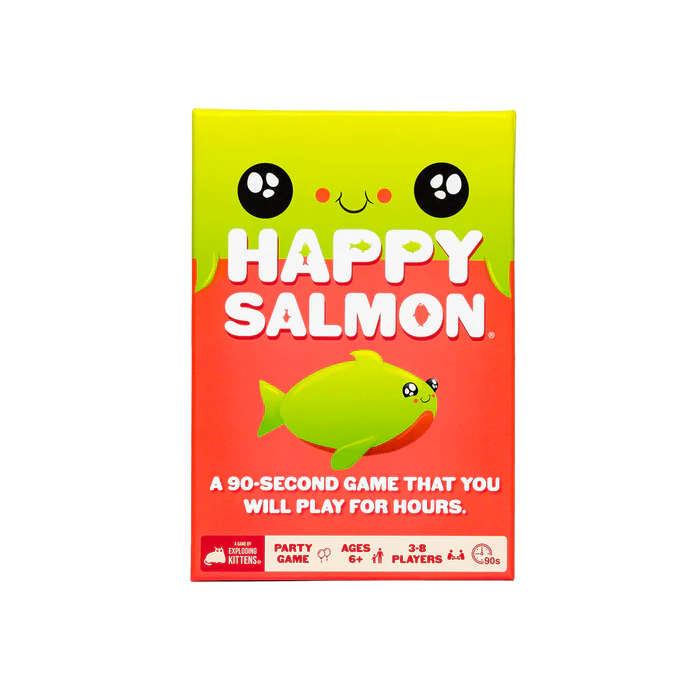Happy Salmon card game by Exploding Kittens, showing colorful cartoon fish and happy characters for family fun.