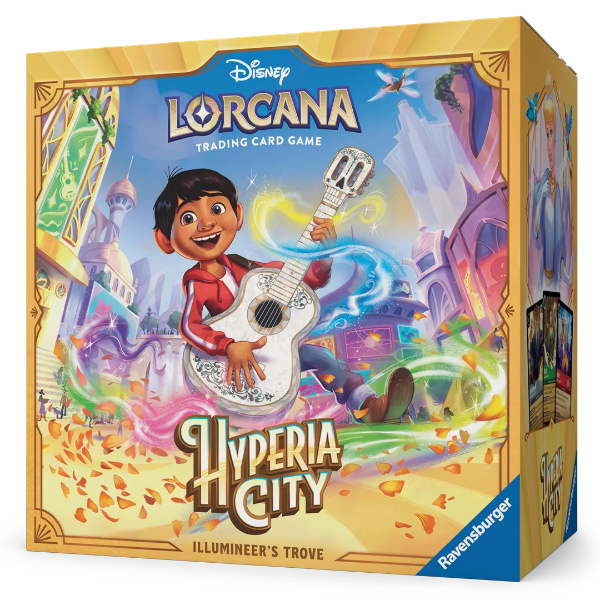 Lorcana TCG Hyperia City illumineer's Trove card featuring vibrant artwork of a luminous cityscape and magical characters.