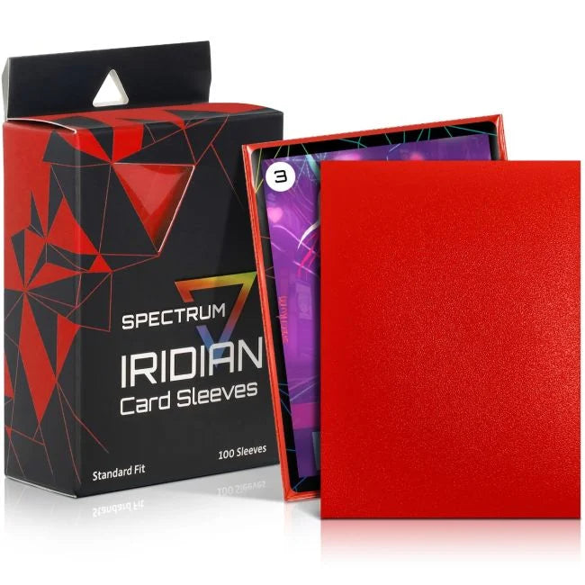 Spectrum Iridian card sleeves shown with their retail box. The set includes a red textured sleeve standing upright, a partially opened box showing purple card sleeves inside, and the black-and-red branded packaging.