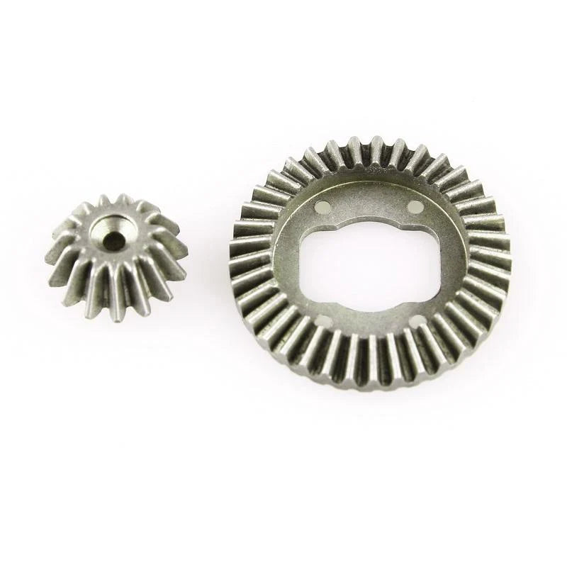 LC Racing L6154 steel differential bevel gear and drive gear for RC cars, shown in close-up with shiny metal parts.