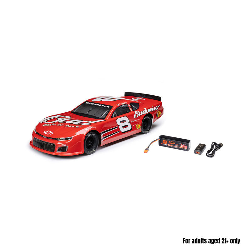 Losi 1/12 asphalt late model 2S AWD RC race car with detailed body and racing tires on a smooth asphalt track