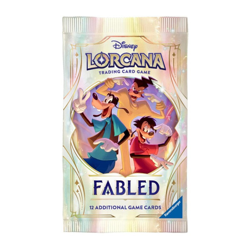 Lorcana TCG Fabled Booster Pack featuring colorful card illustrations and Lorcana branding on the packaging.