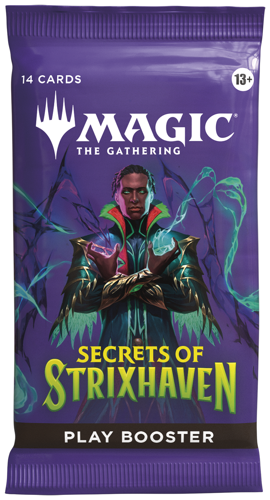 Magic: The Gathering Secrets of Strixhaven booster pack from Wizards of the Coast, featuring colorful artwork and game cards.