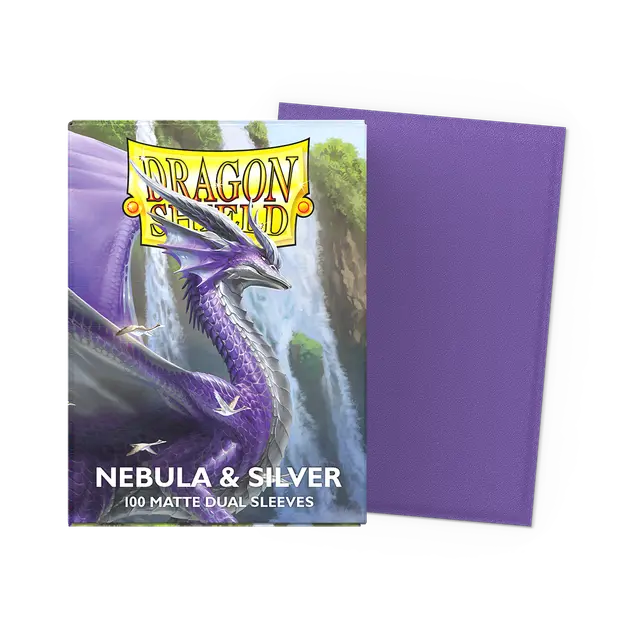 Dragon Shield Nebula and Silver dual matte standard sleeves for trading cards, featuring vibrant nebula design and sleek silver finish.