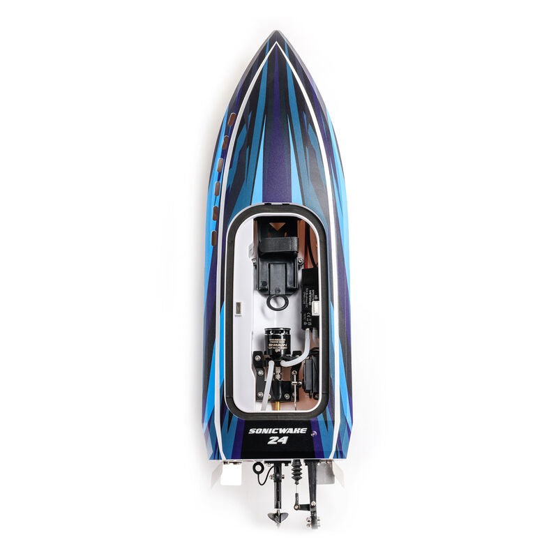 Proboat Sonicwake 24" remote control boat with battery and charger, featuring a sleek design and vibrant colors.