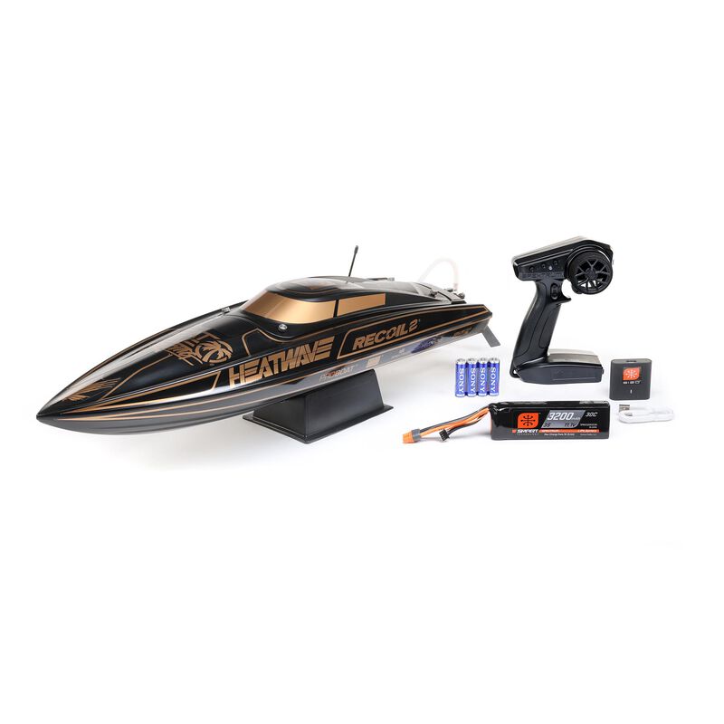 Proboat Heatwave Recoil 2 V2 26" self-righting boat with sleek design and vibrant colors on water surface.