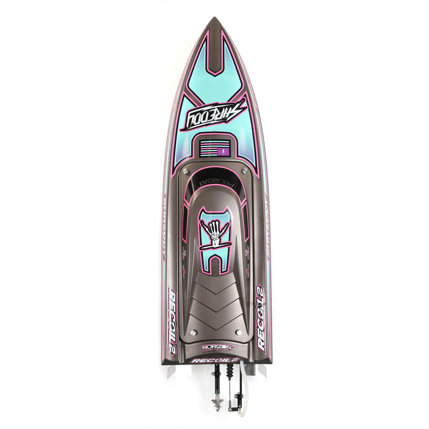Proboat Heatwave Recoil 2 V2 26" self-righting boat with sleek design and vibrant colors on water.