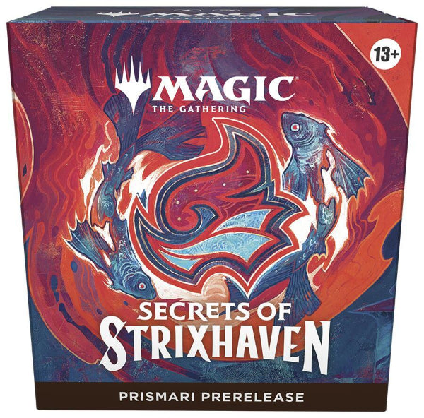 Prismari-themed MTG Secrets of Strixhaven Prerelease Box from Wizards of the Coast featuring colorful artwork and game accessories.