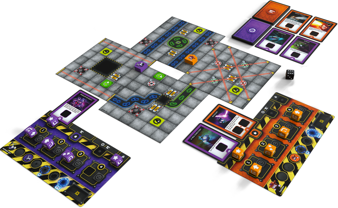Set of Robo Rally dice from Renegade Game Studios, featuring colorful, six-sided game dice used in Robo Rally gameplay.