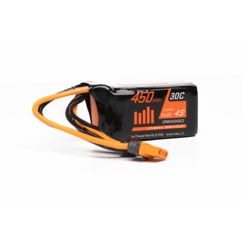 Spektrum 450mAh 4S 14.8V 30C LiPo battery with IC2 connector for remote control models, shown with connector and packaging