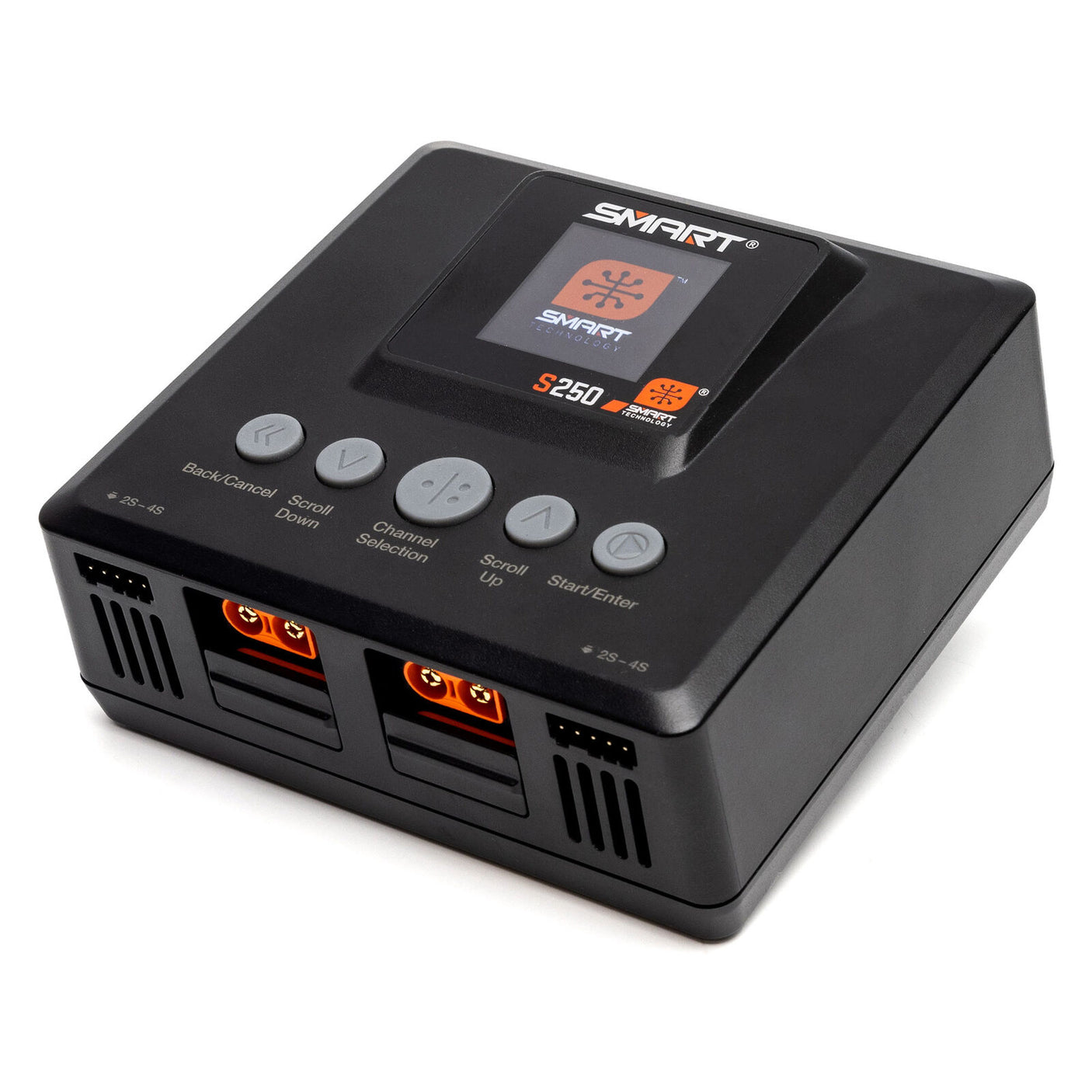 Spektrum Smart S250 AC charger with dual 50W outputs, compact design for efficient charging of RC batteries.
