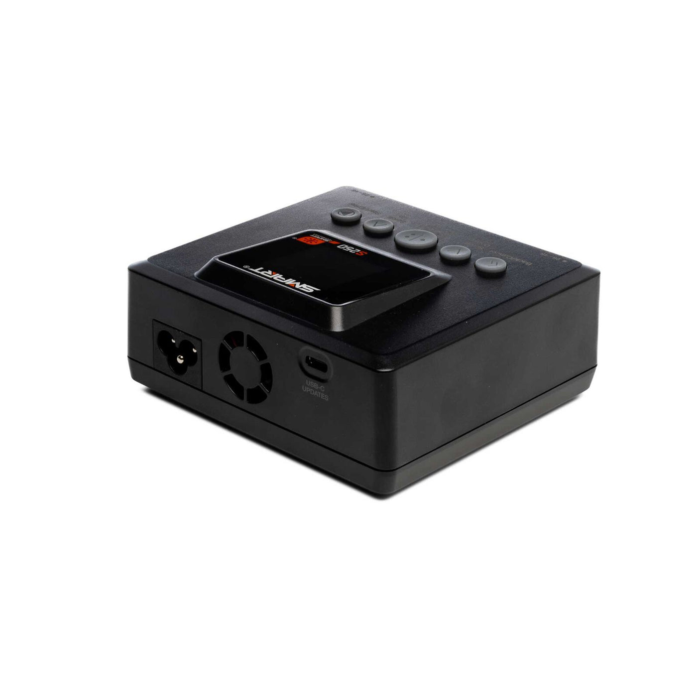 Spektrum Smart S250 AC Charger with dual 50W outputs for efficient battery charging, shown with cables and LCD display.