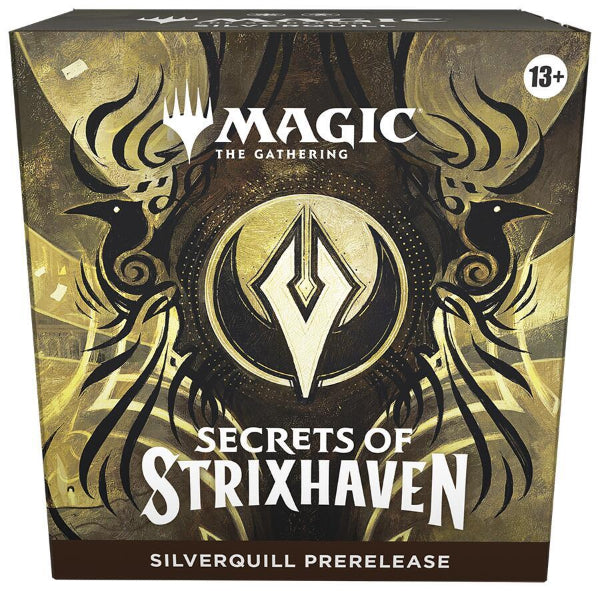 Silverquill prerelease box for Magic: The Gathering Secrets of Strixhaven by Wizards of the Coast, featuring Silverquill-themed cards and packaging.