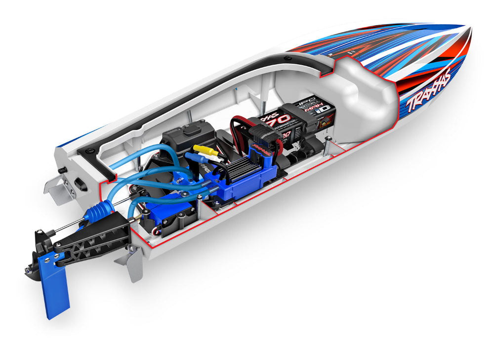 Traxxas Disruptor 26-inch 4S remote-controlled boat on water with sleek design and vibrant color scheme.