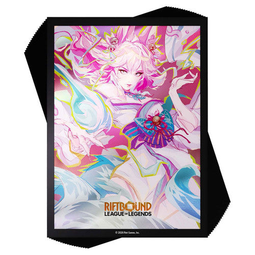 Set of 100 Riftbound Spiritforged sleeves by UVS Games, featuring colorful fantasy-themed card sleeves for trading card games.