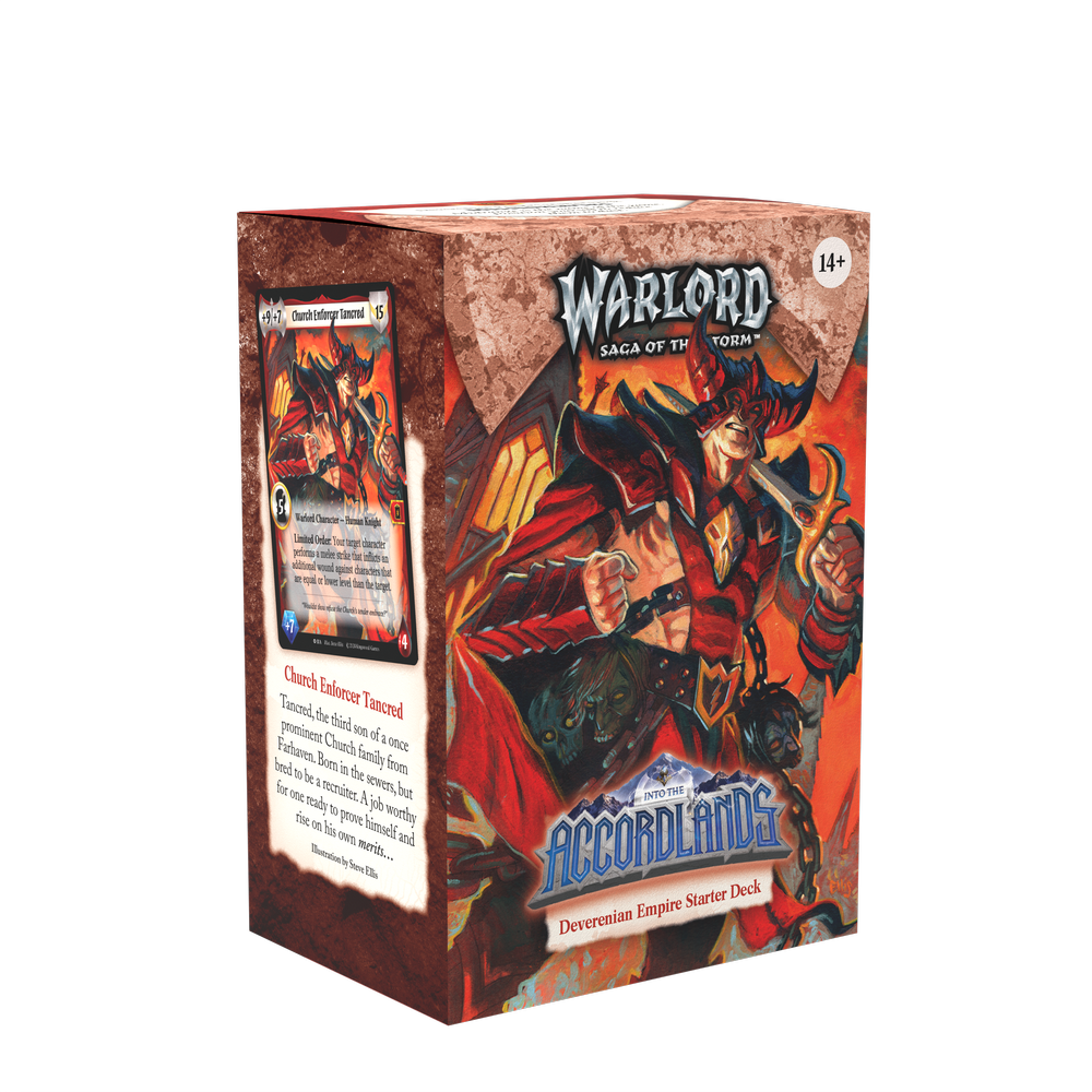 Warlord CCG Saga of the Storm Into the Accordlands Starter Deck by Kingswood Games, colorful game cards and deck box.