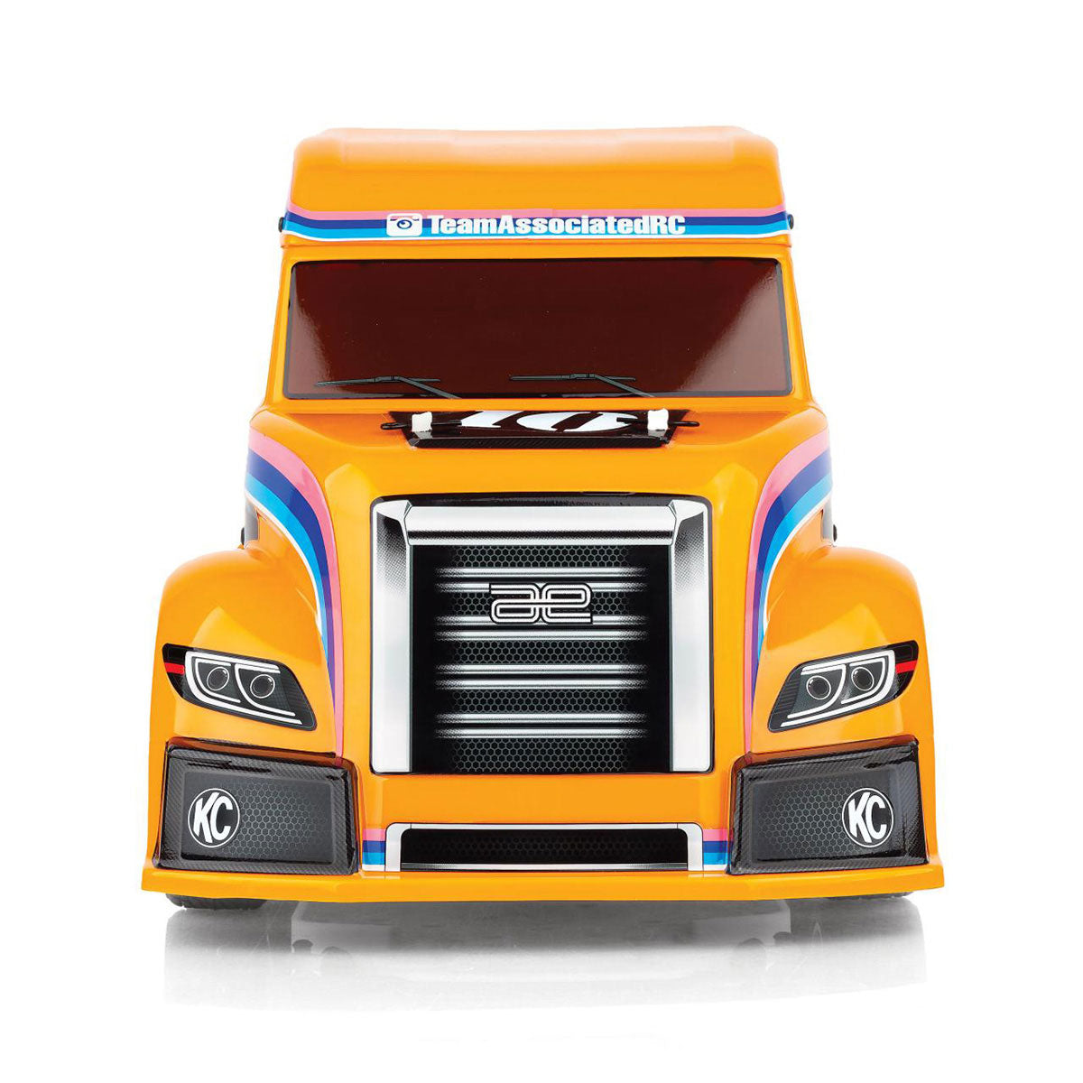 Team Associated RC10 6x6 American custom semi-truck model with detailed exterior and vibrant paint job.