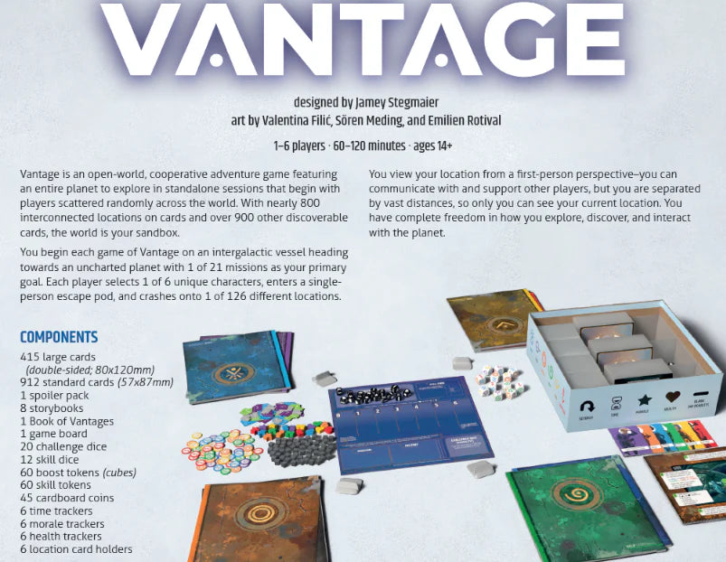 Back of Stonemaier Games' Vantage box showing game artwork and logo on the packaging.