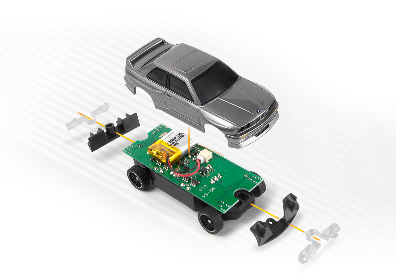 HPI Racing Nano-TTR 1989 BMW M3 E30 Ravaglia RTR radio-controlled car with gunmetal body and detailed exploded view.