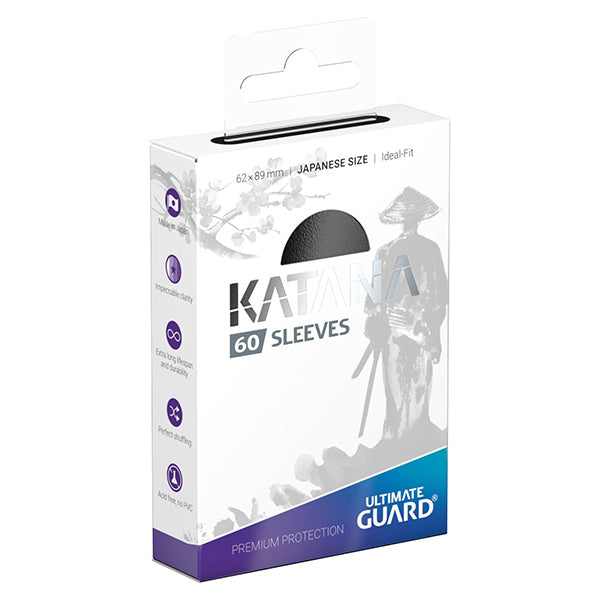 Black Ultimate Guard Katana Sleeves for Japanese-sized trading cards, featuring sleek design and transparent protection